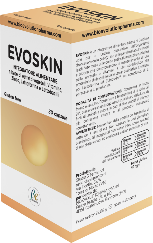 è un integratore alimentare a base di Bardana utile per le funzioni depurative dell’organismo (benessere della pelle); Lino utile per il metabolismo dei lipidi; Vite rossa utile come antiossidante; zinco, Vitamina B3 e biotina che contribuiscono al mantenimento di una pelle normale e vitamina E che contribuisce alla protezione delle cellule dallo stress ossidativo. Contiene poi Lattoferrina ed Eubioskin, un complesso di L. Paracasei e L. Plantarum.